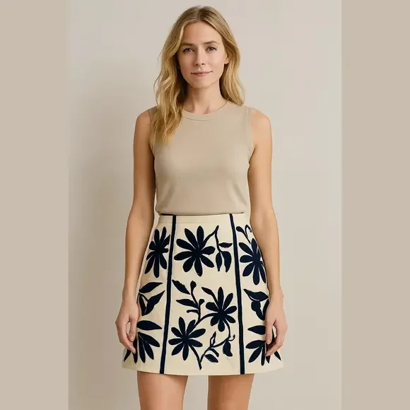 Tory Burch White and Black Embellished A-Line Skirt - Picture 1 of 3